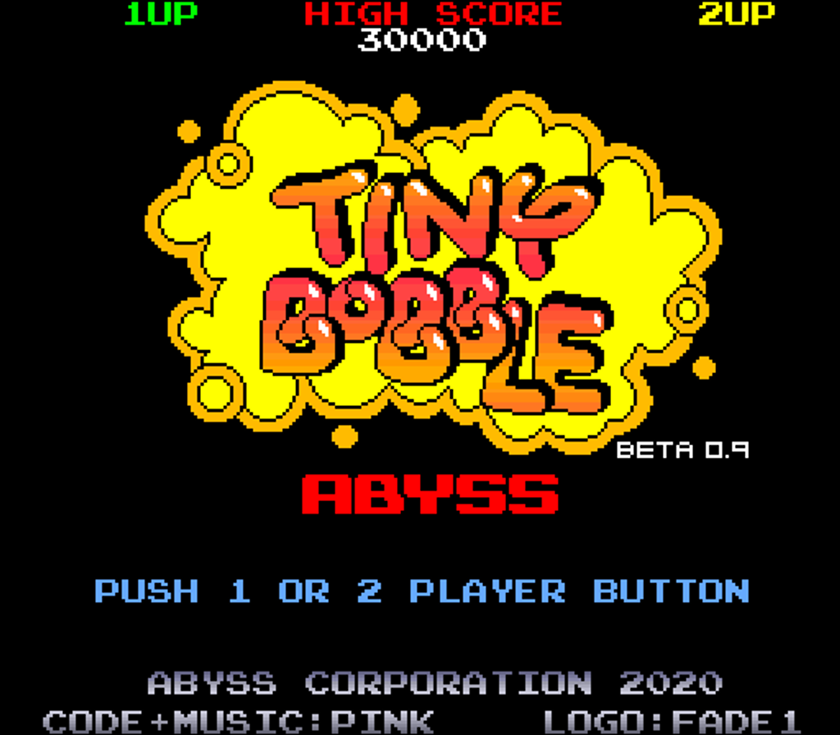 Schermata del titolo di Tiny Bobble Abyss con logo giallo e punteggio.