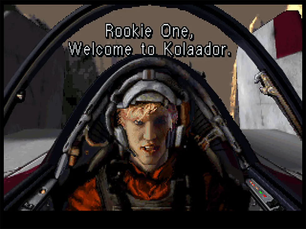 Rookie One in the cockpit during flight training on Kolaador in Star Wars: Rebel Assault