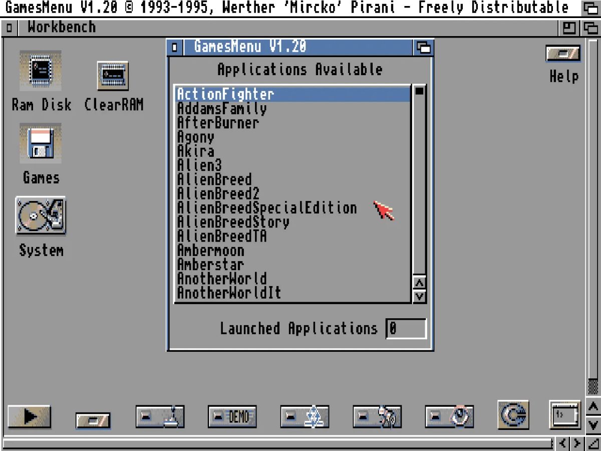 Amiga Workbench screen showing GamesMenu with a list of installed games.