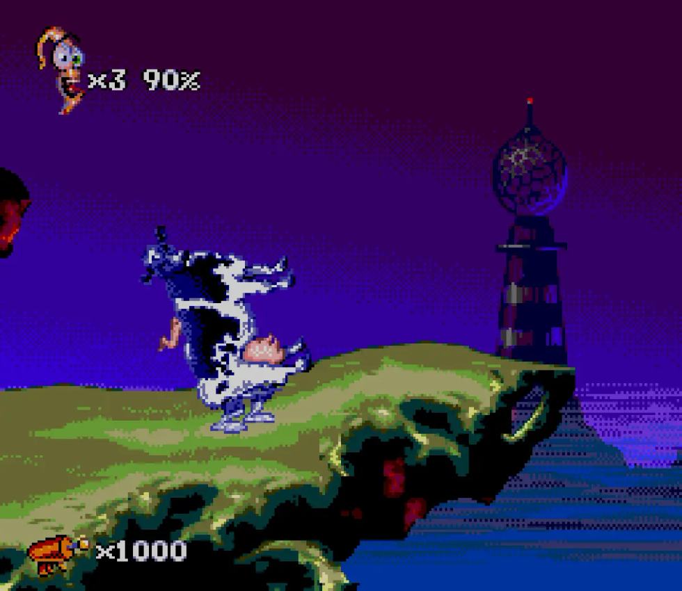 Earthworm Jim usa una mucca in una scena surreale di Earthworm Jim 2.