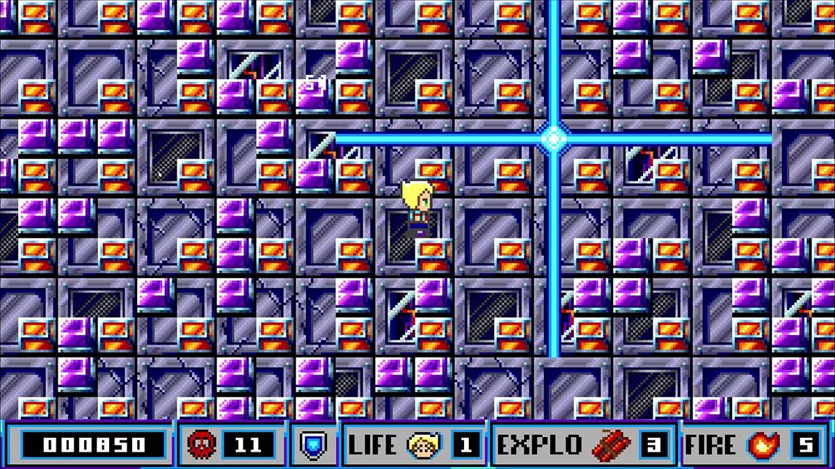 Gameplay di Kaboomania su Amiga in un livello ambientato in una struttura tecnologica