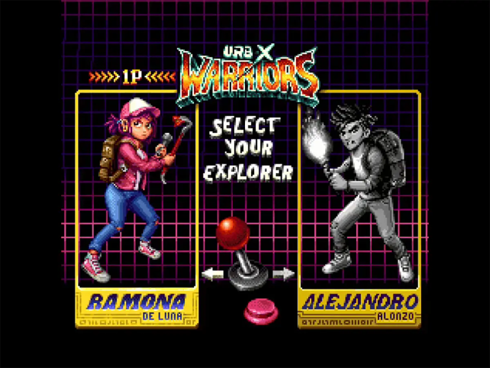 UrbX Warriors character selection screen featuring Ramona de Luna and Alejandro Alonso.