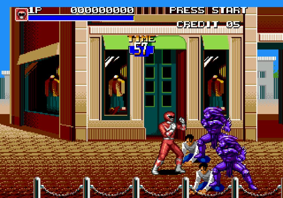 SNES screenshot of Mighty Morphin Power Rangers: The Movie during a street fight.
