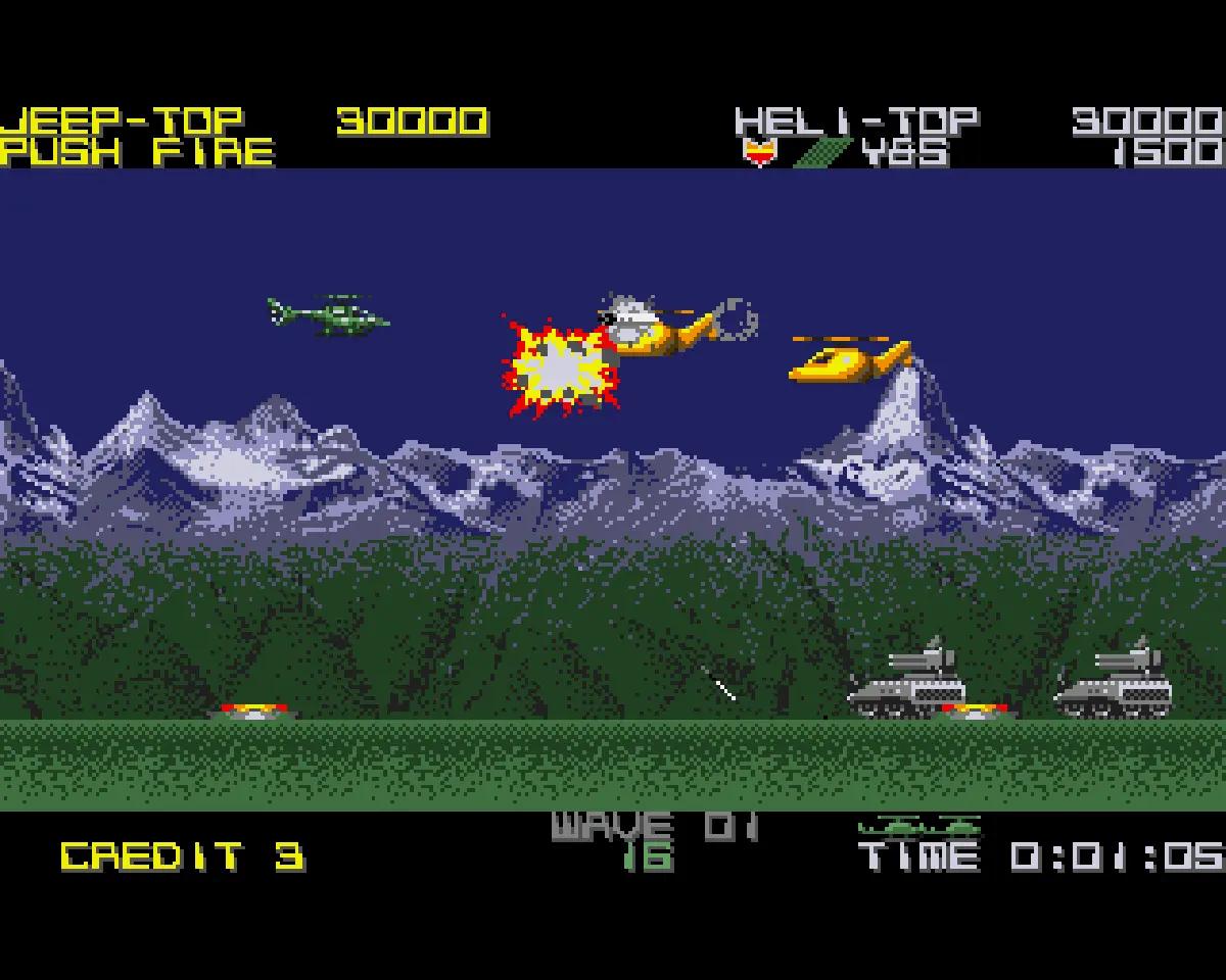 Silkworm su Amiga con elicottero e jeep in azione contro nemici e proiettili.
