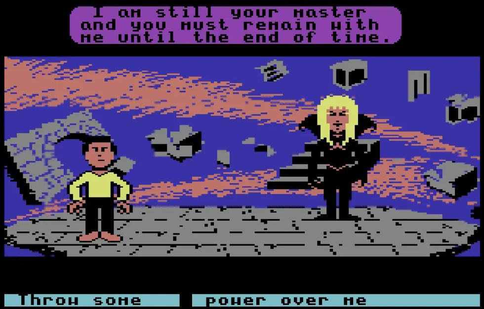 The protagonist and Jareth in a scene from Labyrinth: The Computer Game