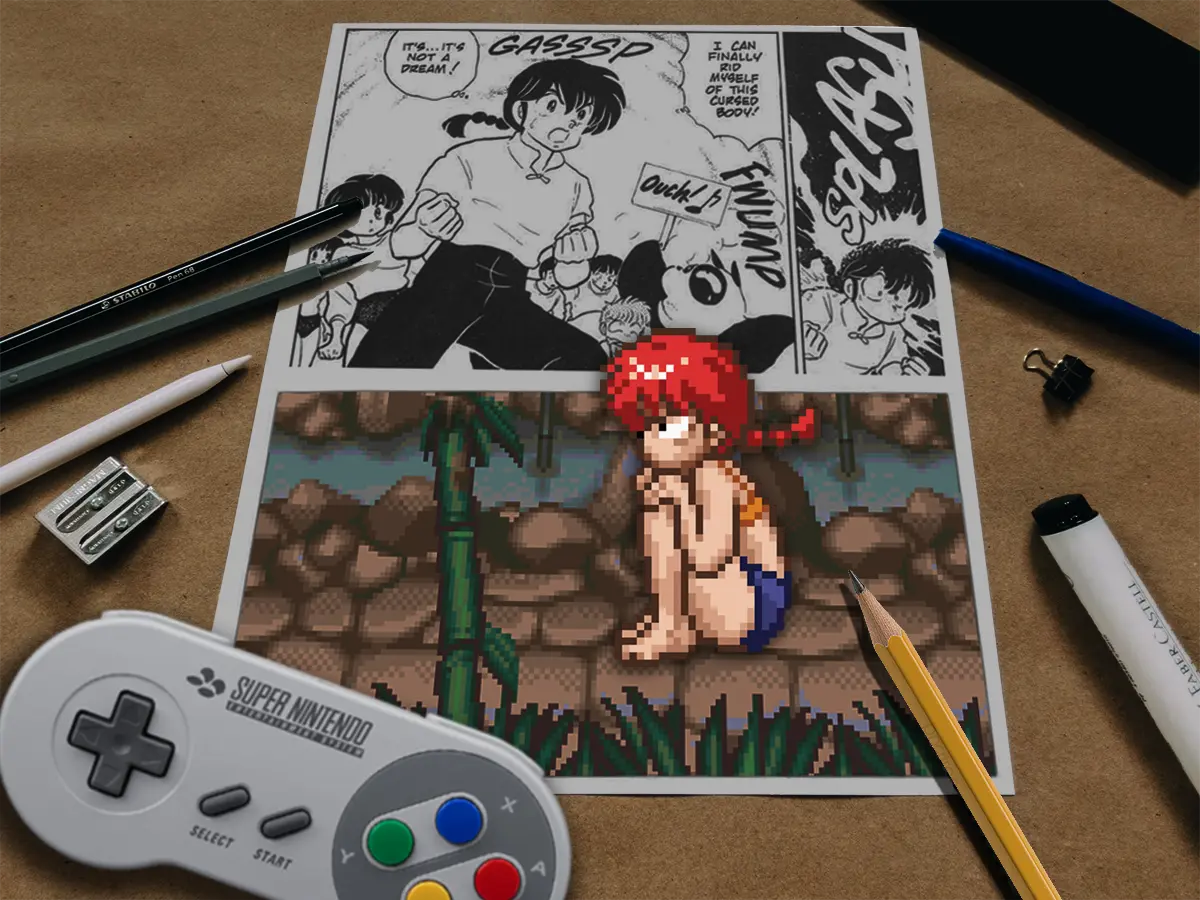 Ranma ½ manga artwork beside a pixel art video game scene and a Super Nintendo controller