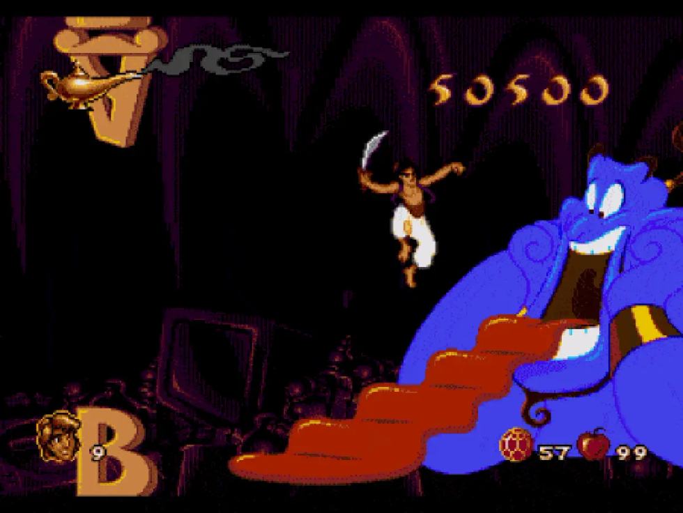 Aladdin salta davanti al Genio in una scena di Disney’s Aladdin per Mega Drive.
