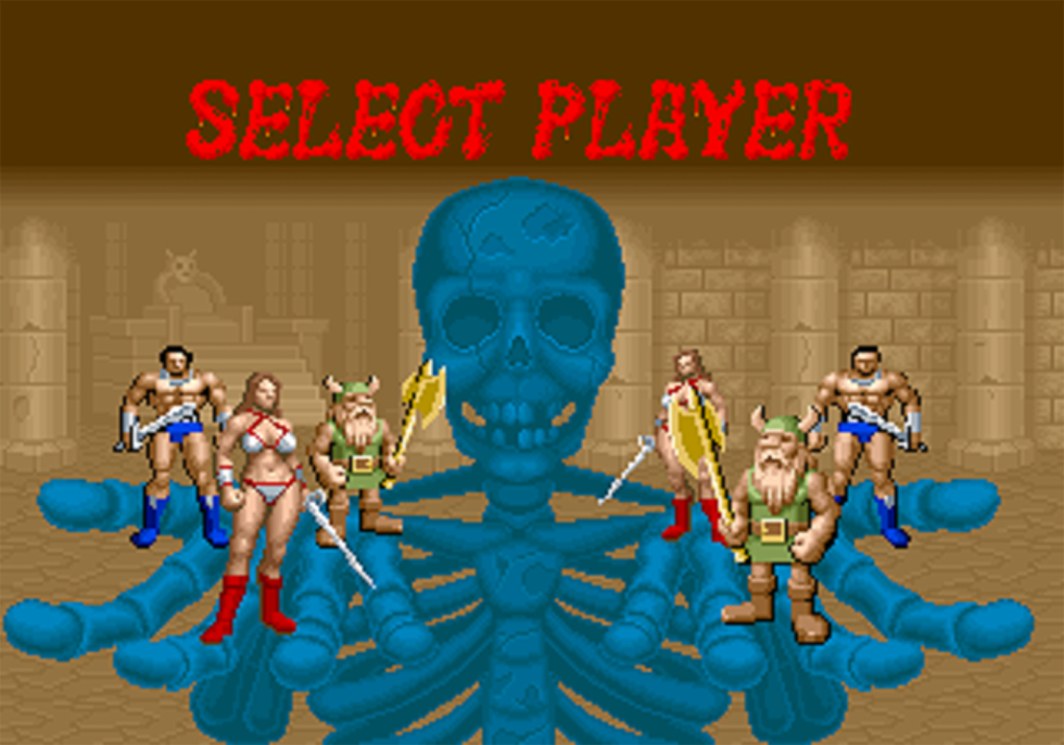 Golden Axe arcade character select screen, with Ax Battler, Tyris Flare and Gilius Thunderhead.