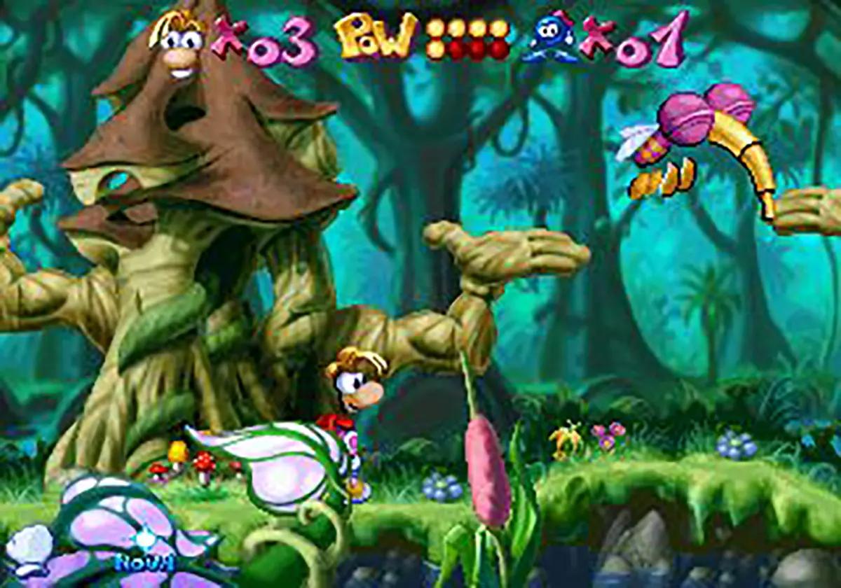 Rayman su Atari Jaguar, con il protagonista in un ambiente forestale colorato popolato da creature fantastiche.