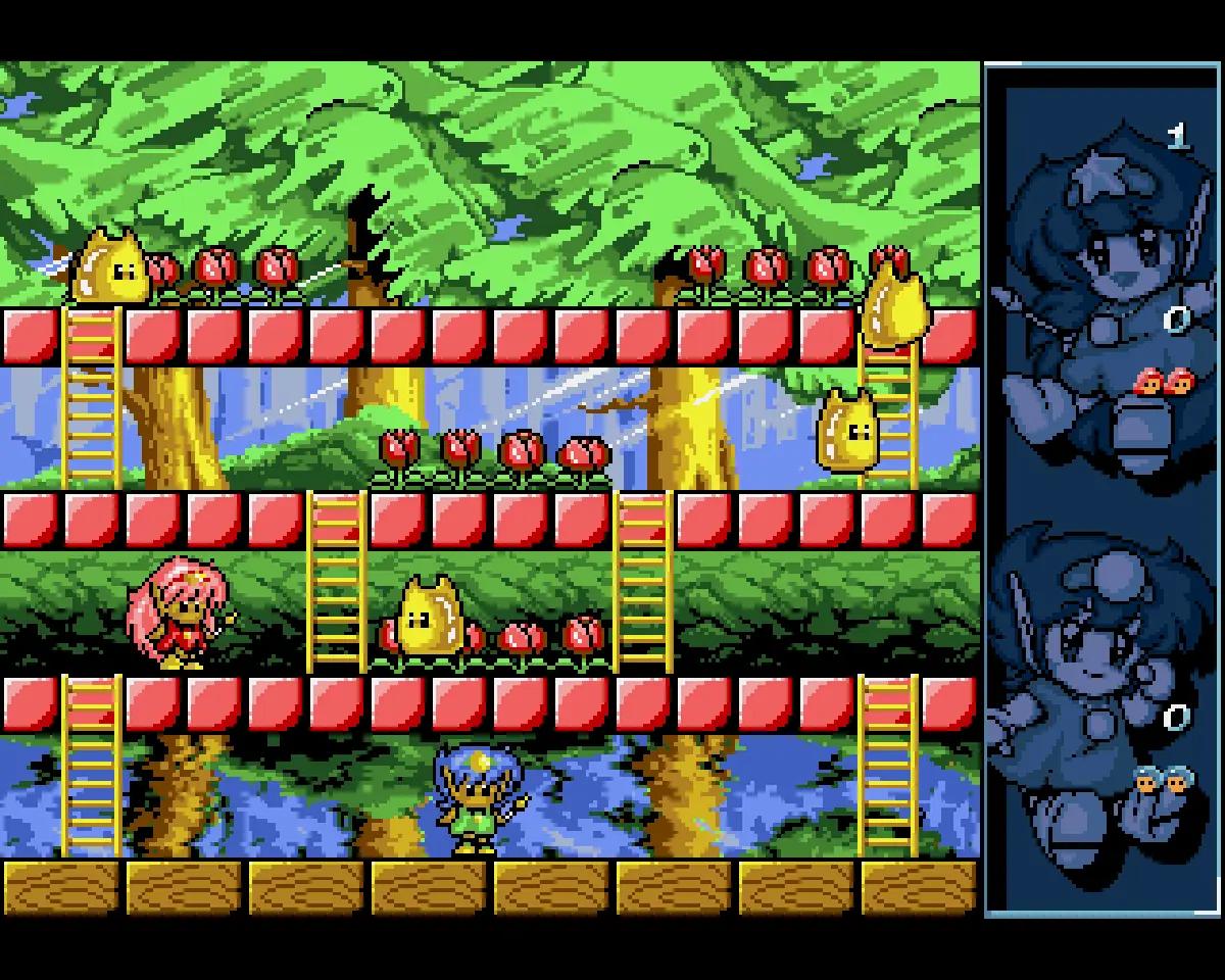 Rod-Land su Amiga con i protagonisti in uno scenario platform pieno di nemici e piattaforme.