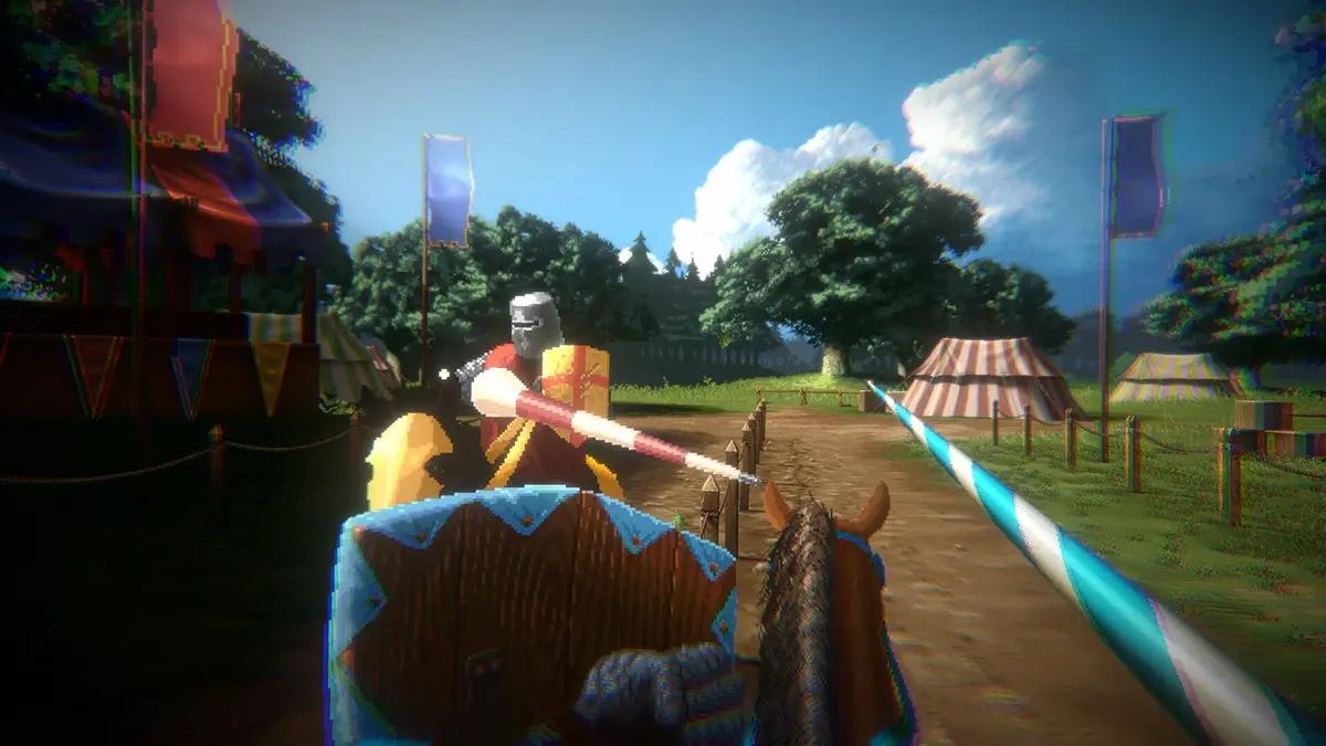 Giostra medievale in Defender of the Crown: The Legend Returns con due cavalieri che si affrontano con la lancia