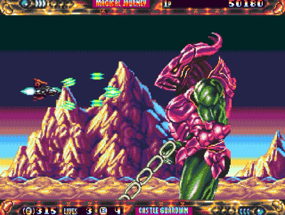 Enorme boss corazzato affrontato dalla navicella del giocatore in ZPF per Mega Drive