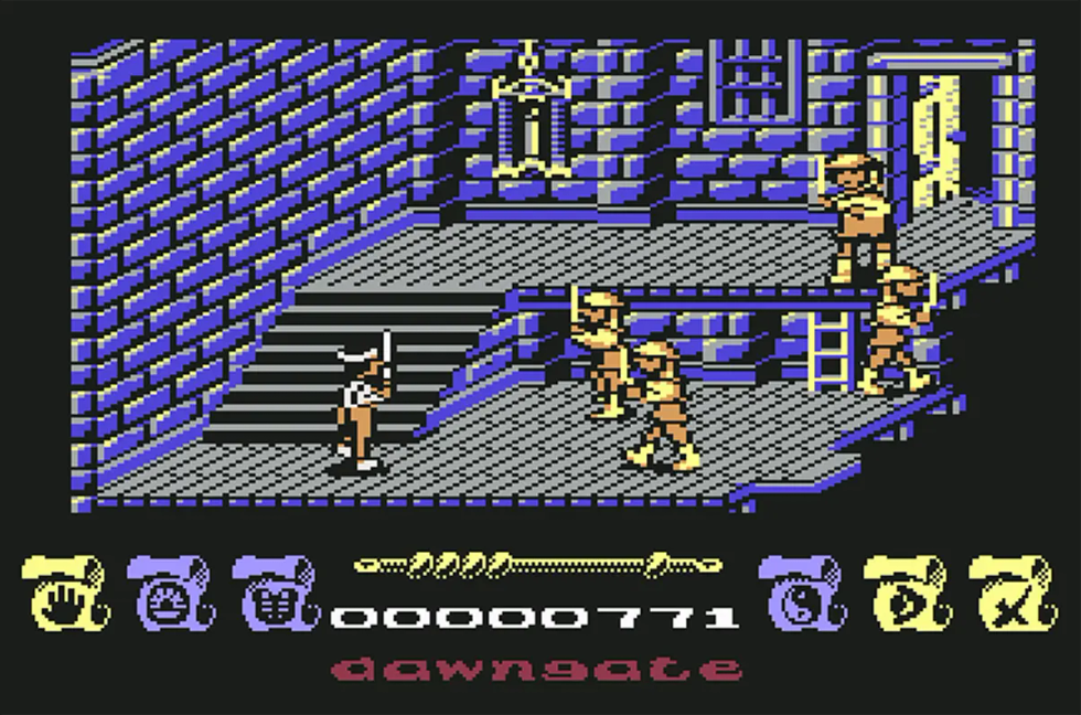 Schermata di Bushido per Commodore 64 con diversi personaggi all'interno di un edificio, tra scale e piattaforme.