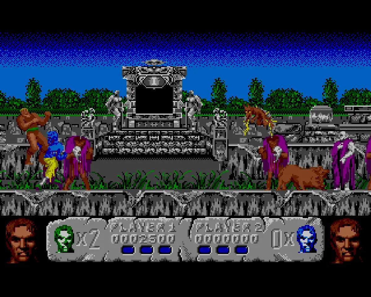 Altered Beast su Amiga con due guerrieri in uno scenario oscuro popolato da nemici.