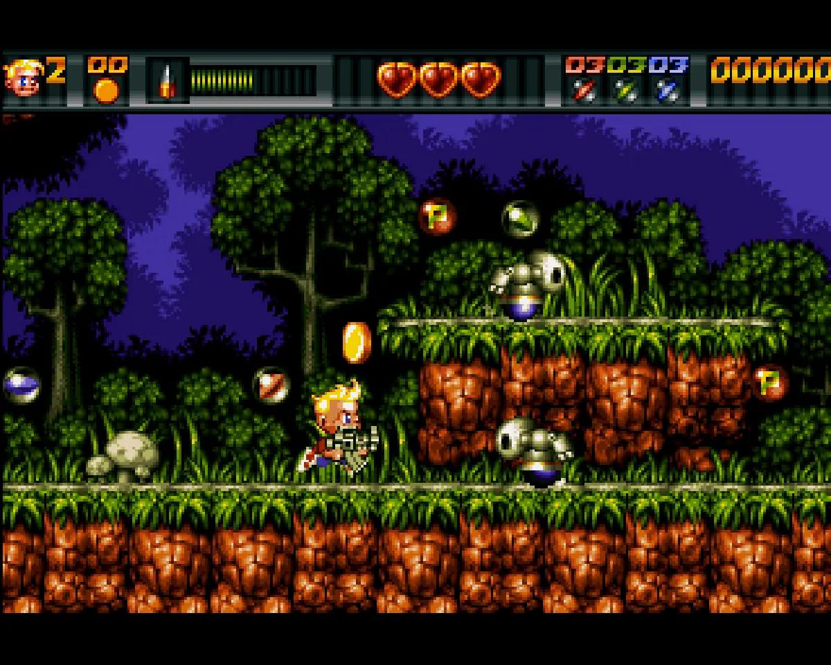 Ruff ’n’ Tumble su Amiga, con il protagonista armato in uno scenario platform ricco di vegetazione e dettagli.