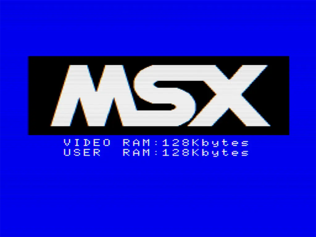 Schermata di avvio MSX con logo bianco su sfondo blu e indicazione della memoria video e utente