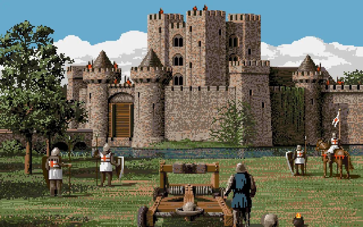 Defender of the Crown II su Amiga CD32, con cavalieri e soldati davanti a un grande castello medievale.