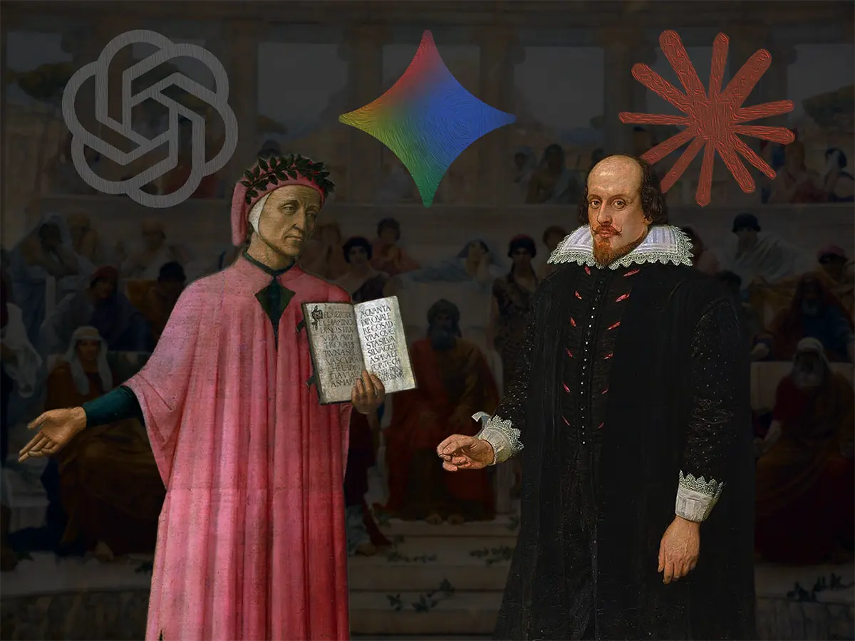 Dante Alighieri and William Shakespeare with the ChatGPT, Gemini and Claude logos in a composition about AI detectors.