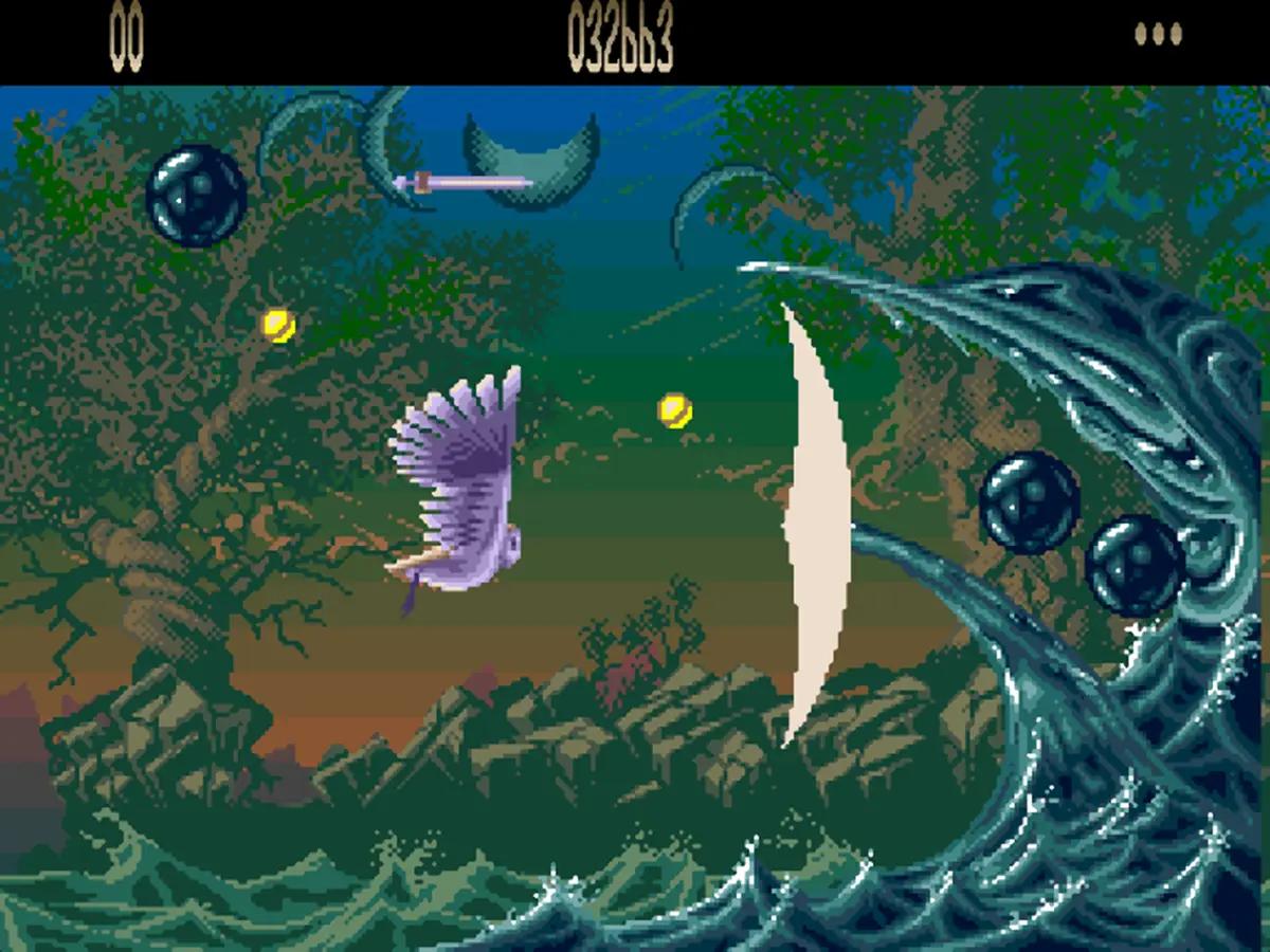 Agony su Amiga, con il gufo protagonista in volo in uno scenario fantasy ricco di dettagli.