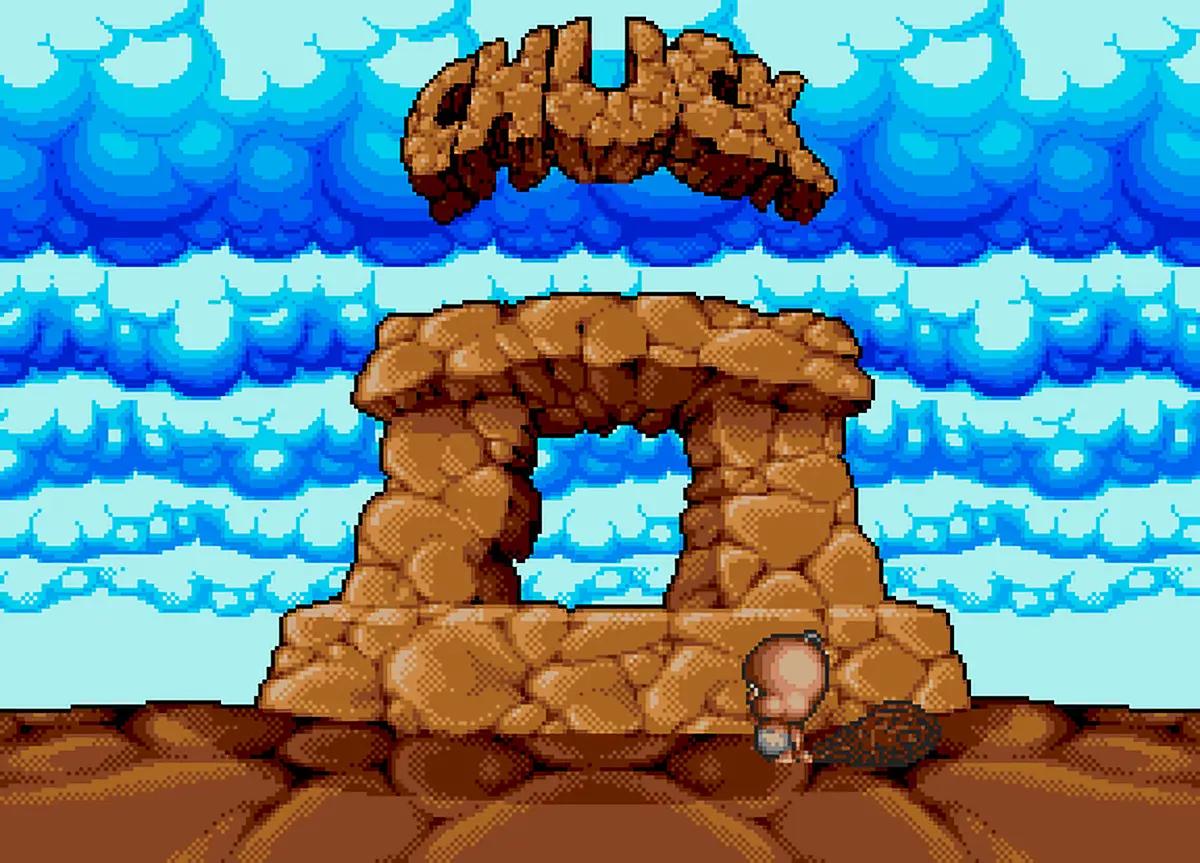 Schermata principale Amiga di Chuck Rock II: Son of Chuck, platform Core Design con Chuck Junior protagonista.