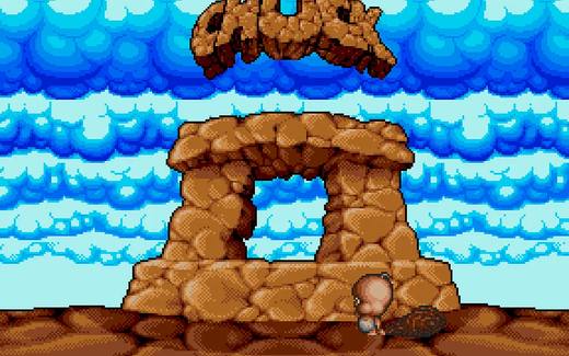 Schermata principale Amiga di Chuck Rock II: Son of Chuck, platform Core Design con Chuck Junior protagonista.