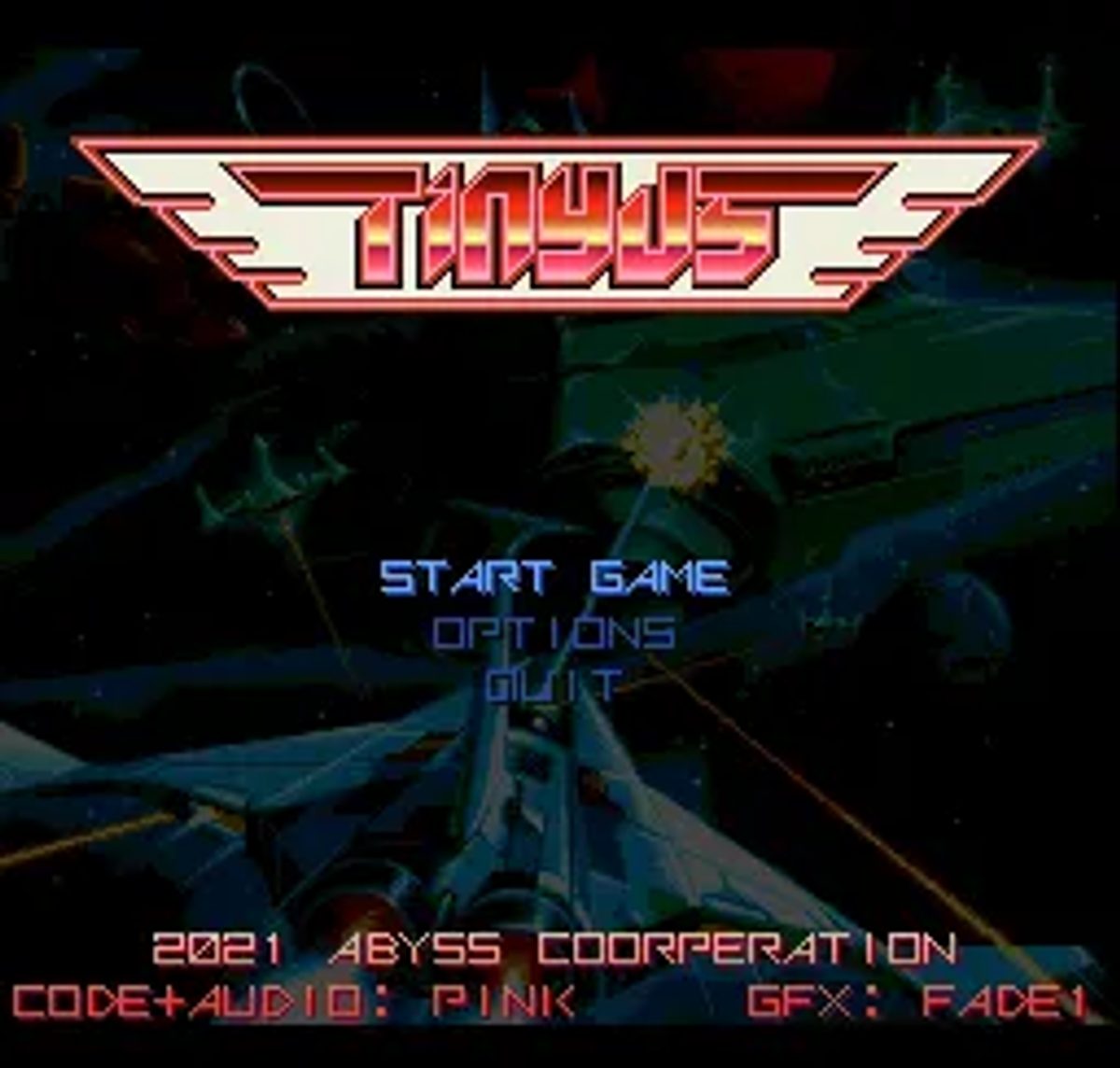 Schermata del menu di Tinyus con logo e opzioni di gioco.