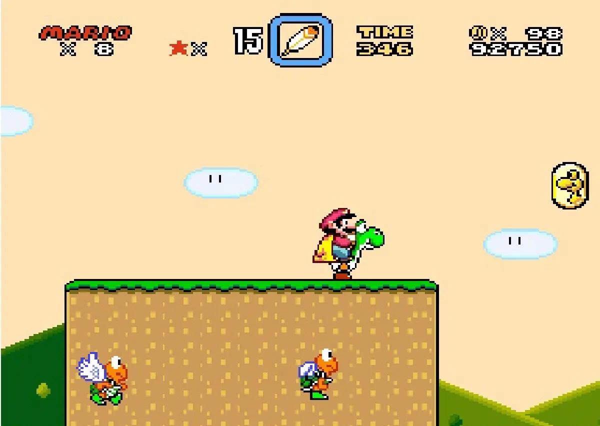 Super Mario World su Super Nintendo, con Mario in sella a Yoshi durante un livello a scorrimento laterale.