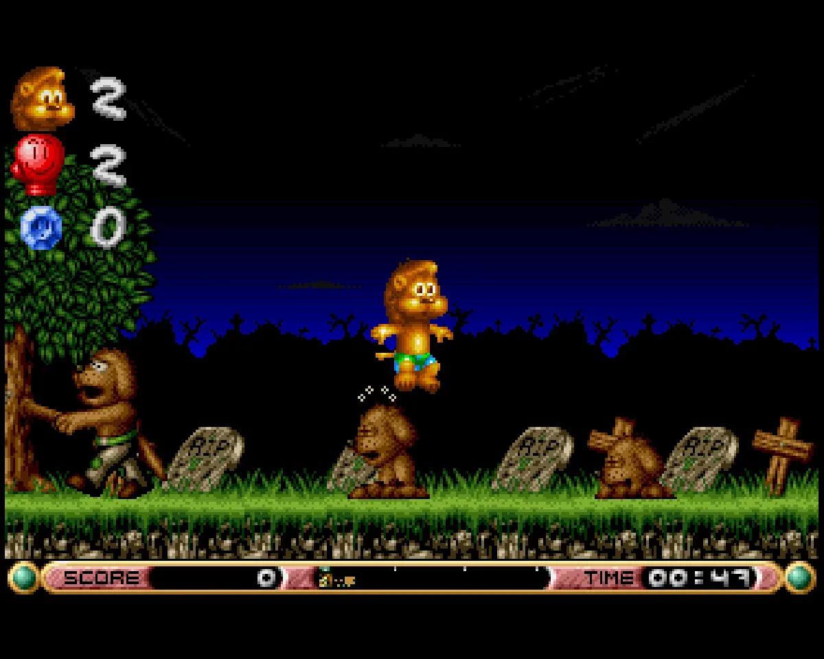 Brian the Lion nella versione Amiga OCS/ECS, con il protagonista in un livello notturno popolato da alberi e creature.