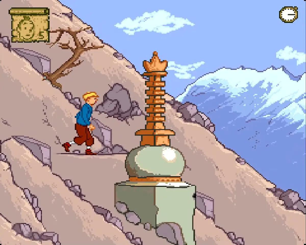 Tintin climbing a mountain in a Super Nintendo video game