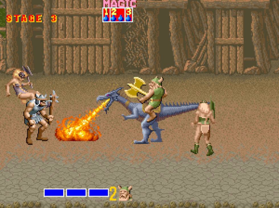 Golden Axe arcade scene showing Gilius Thunderhead riding a blue dragon that breathes fire against enemies.