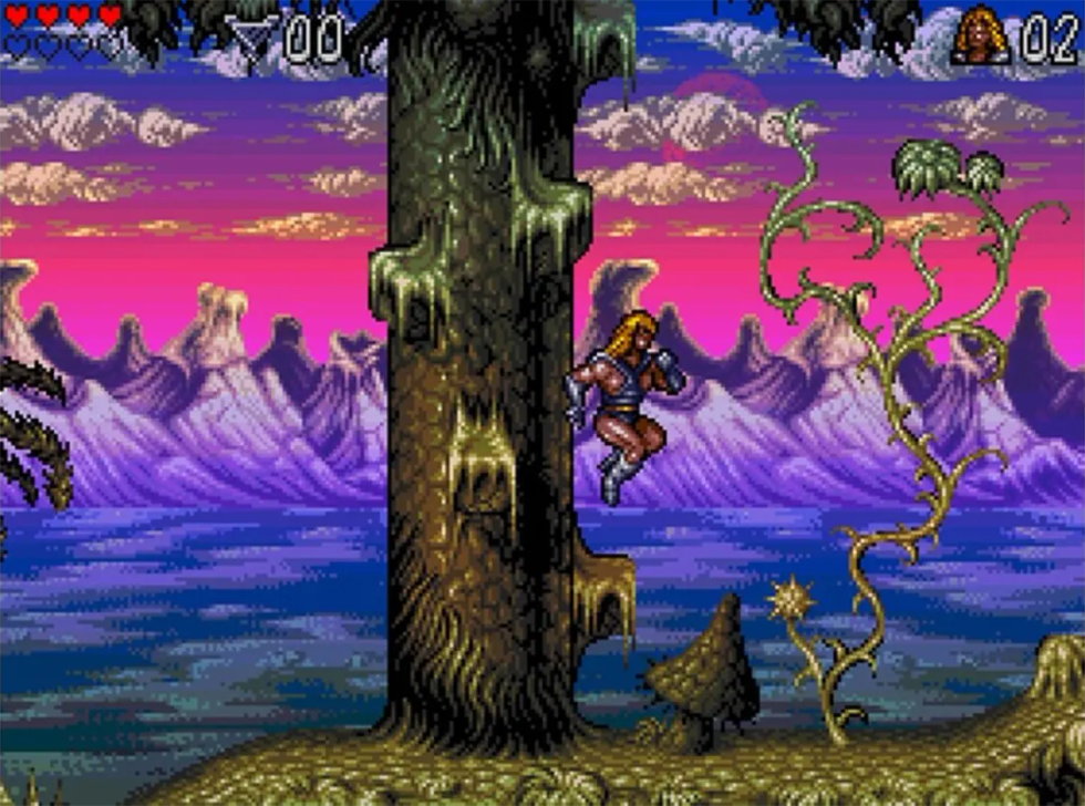 Valdyn attraversa il primo livello di Lionheart su Amiga, con fondali fantasy e parallasse prospettico.