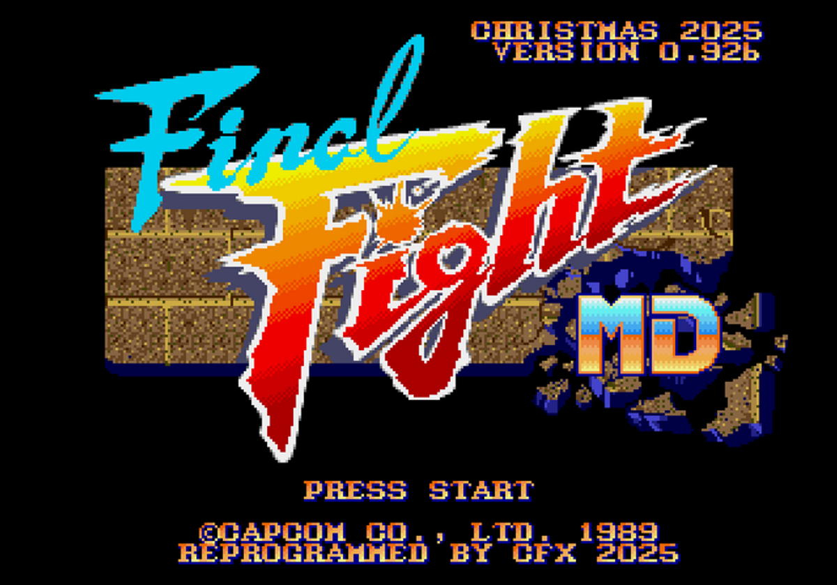 Schermata del titolo di Final Fight MD con logo Capcom e personaggi sullo sfondo.