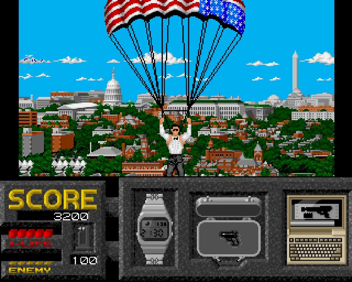 Sly Spy su Amiga con il protagonista in parapendio sopra una città.