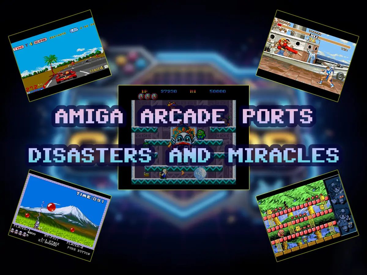 Graphic cover featuring screenshots from OutRun, Street Fighter II, Pang, Rainbow Islands and Snow Bros/Liquid Kids.