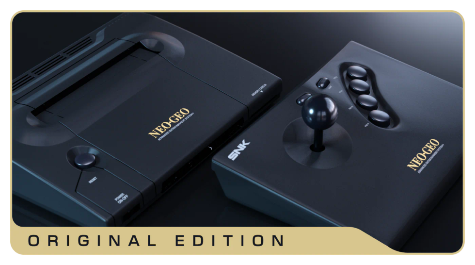 NEOGEO AES+ Original Edition con console nera e arcade stick ufficiale