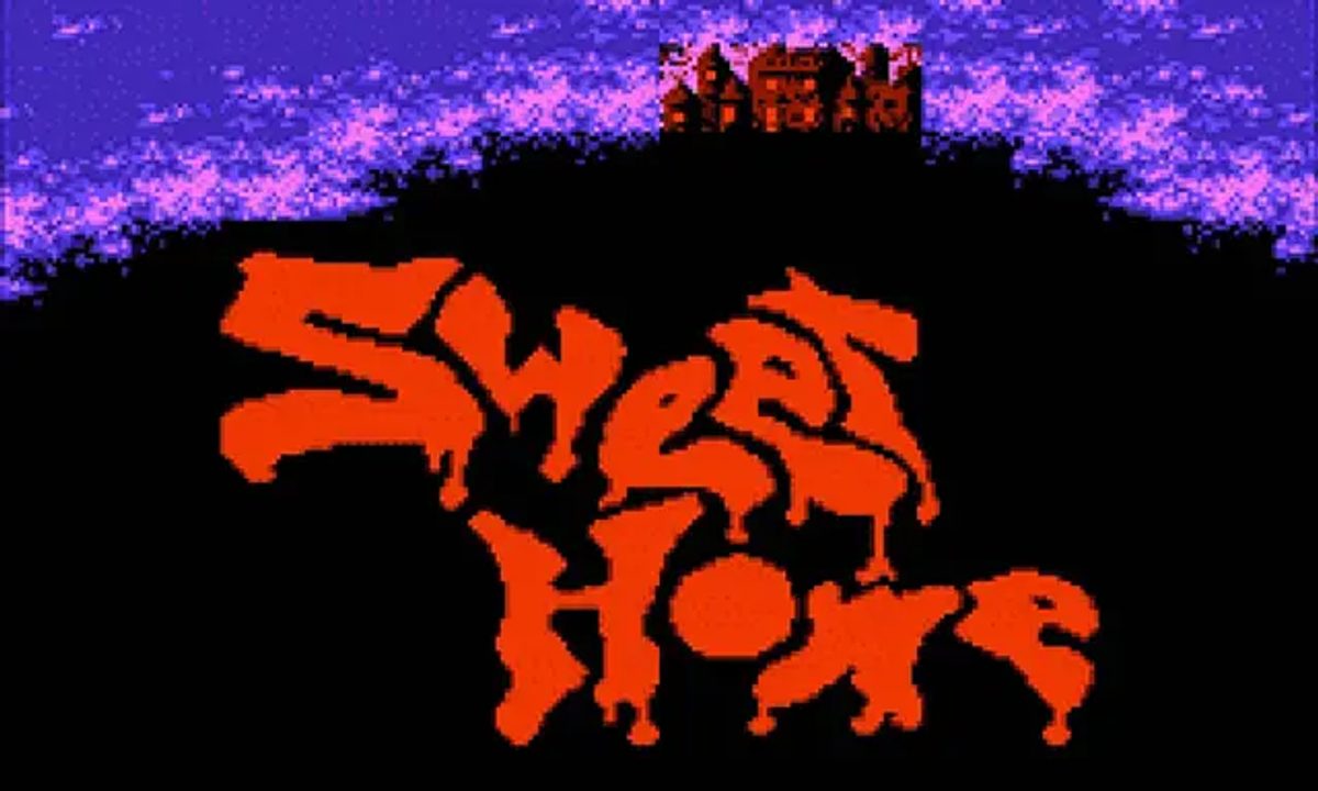 Schermata del titolo di Sweet Home con logo rosso su sfondo scuro.