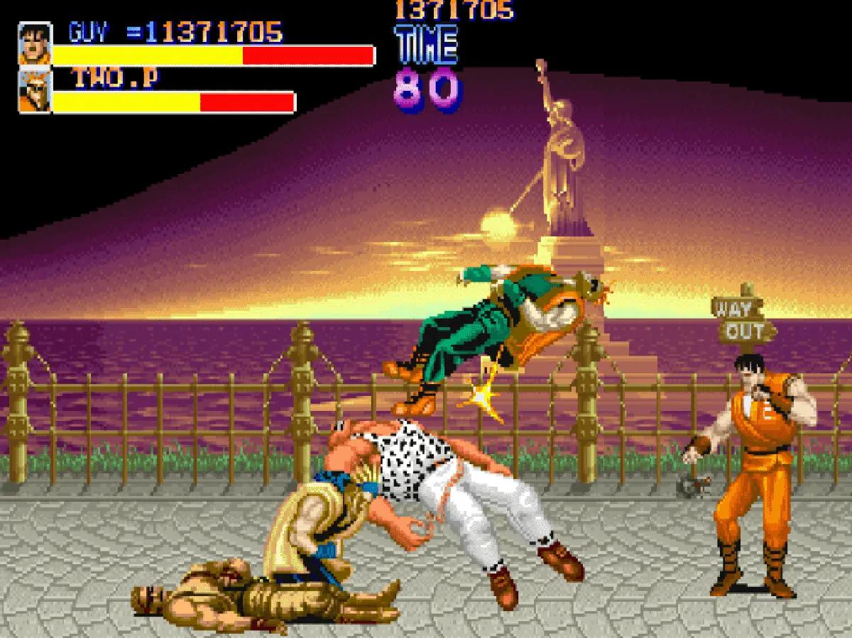 Final Fight on Sharp X68000, with Guy attacking an enemy in front of the Statue of Liberty.