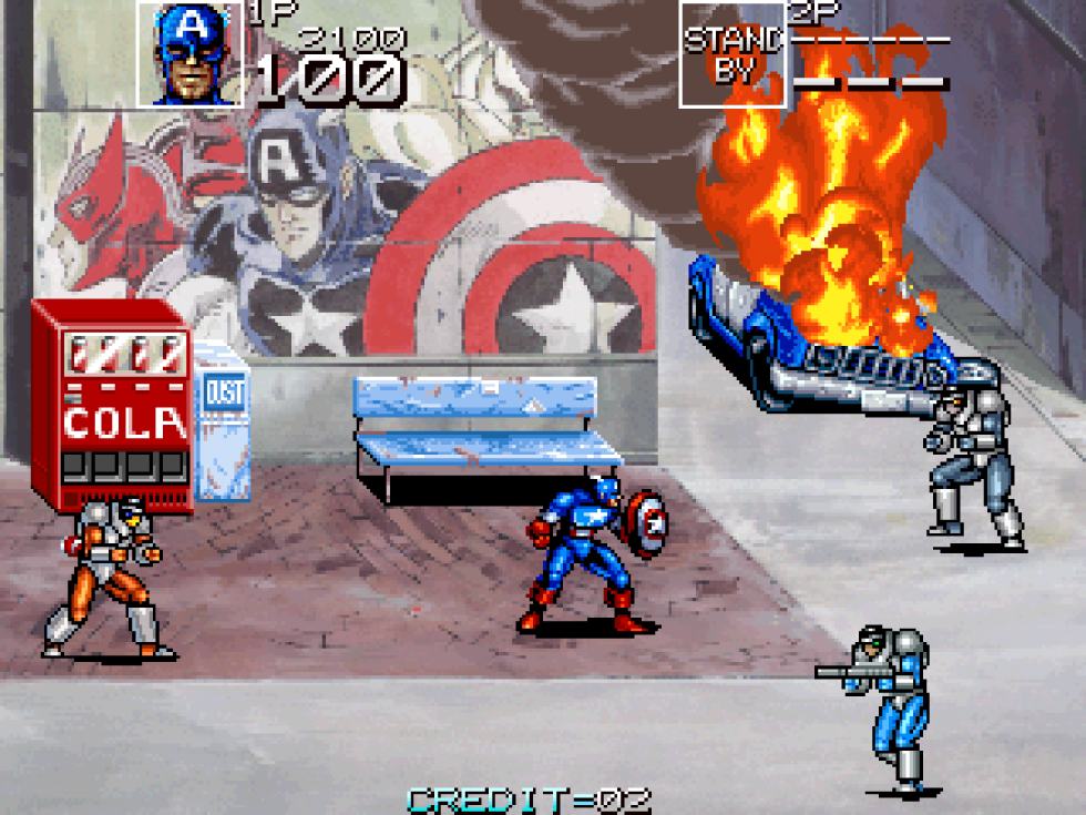 Captain America fighting in an arcade scene from Captain America and the Avengers