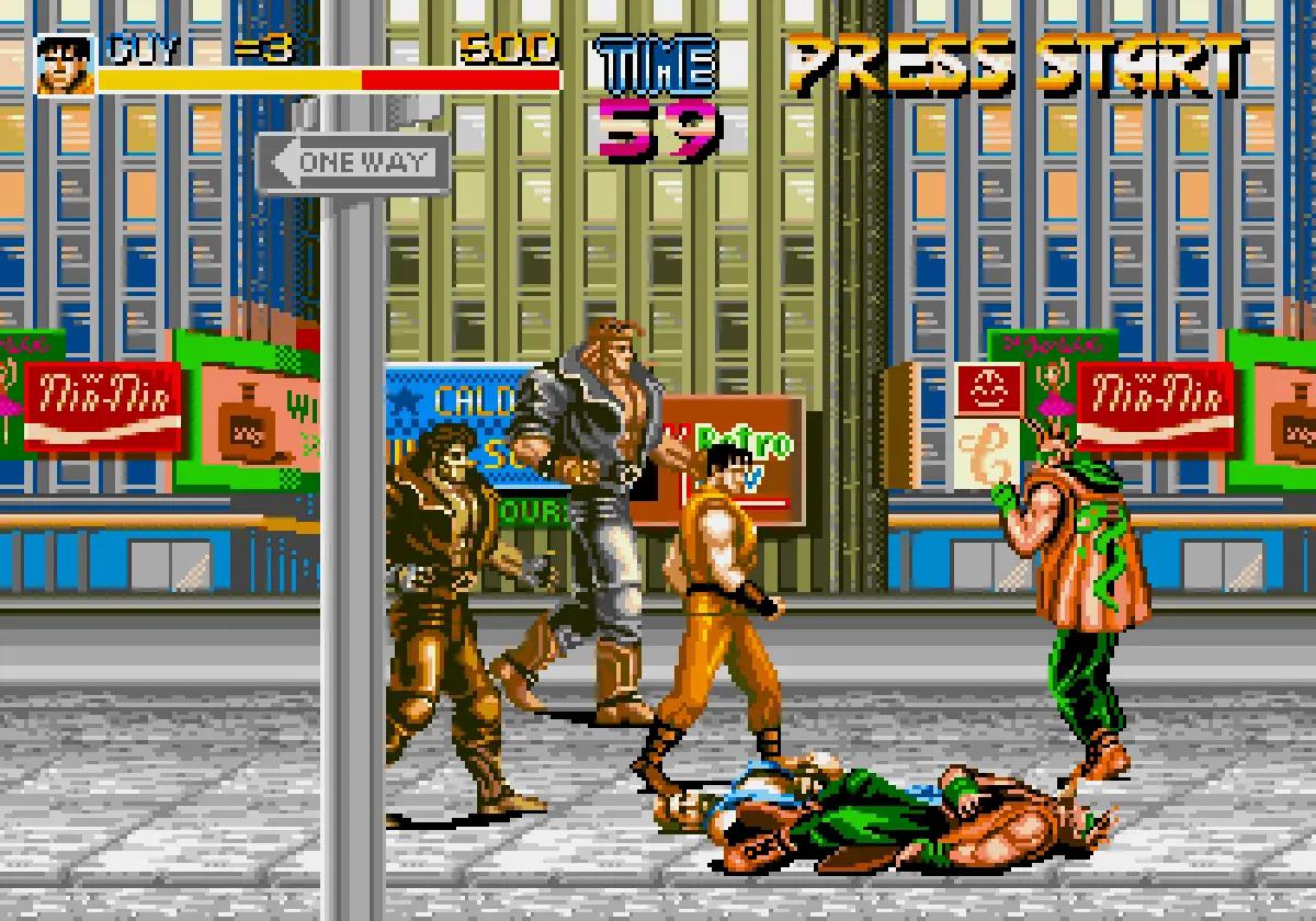 Screenshot from Final Fight MD for Mega Drive, the homebrew project with Cody and members of the Mad Gear gang.