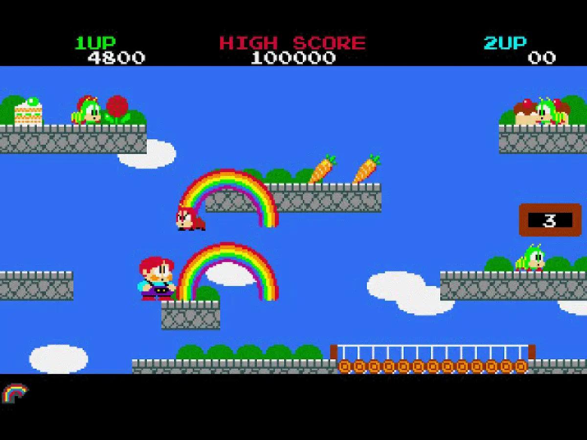 Rainbow Islands su Amiga con il protagonista che crea arcobaleni su piattaforme colorate.