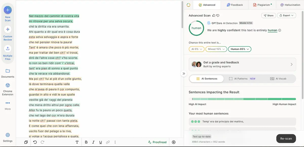 GPTZero analysis of the first canto of Dante’s Inferno, showing 85% Human and 15% Mixed.