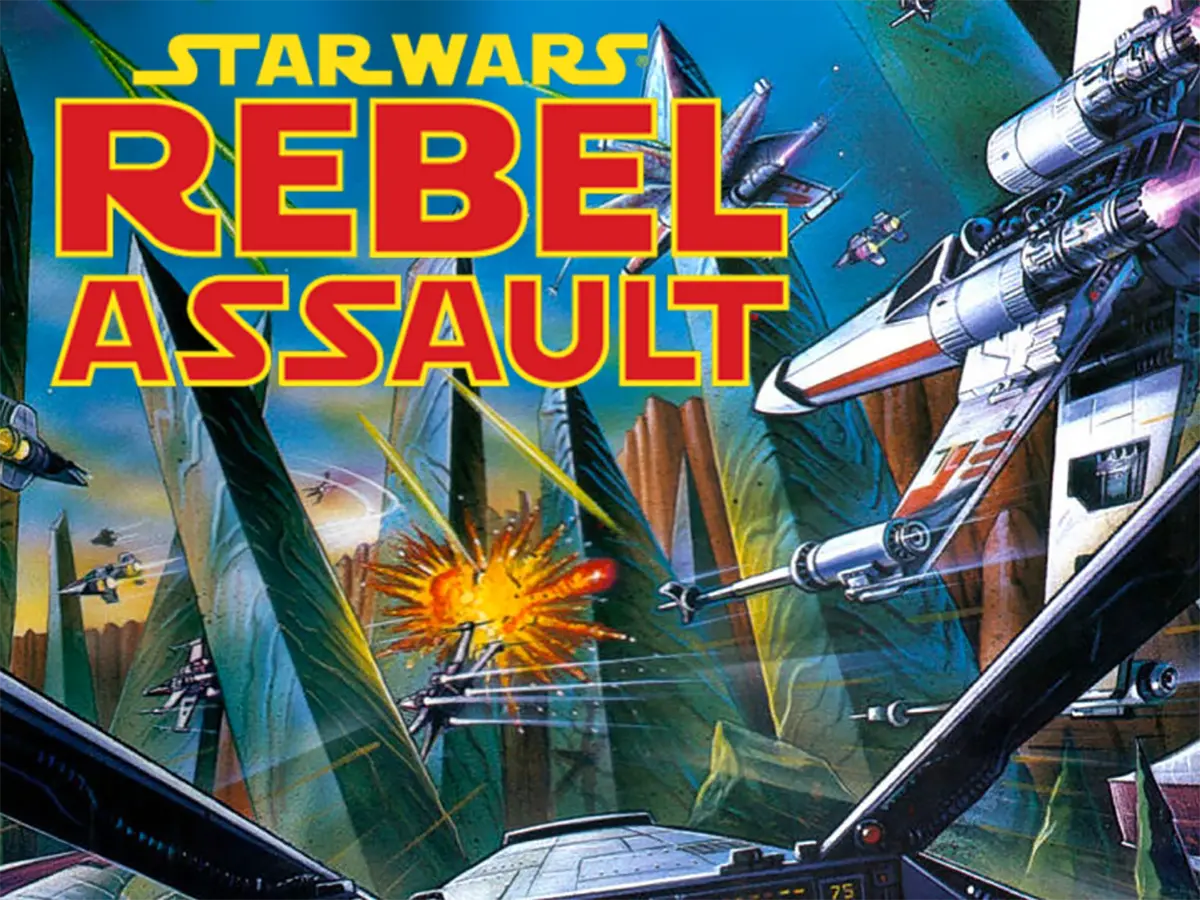 Cover artwork for Star Wars: Rebel Assault showing Rebel starfighters in combat over a canyon landscape