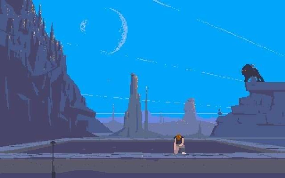 Scena di Another World con paesaggio desertico, luna e creatura su una roccia.