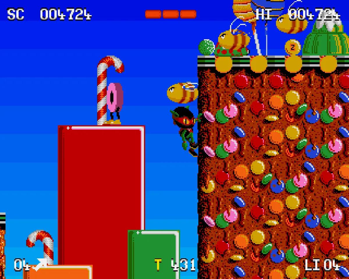 Zool nella versione Amiga OCS/ECS, ambientato nel livello colorato dedicato ai dolci.