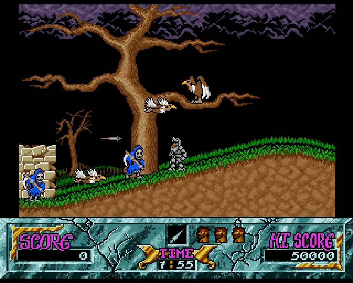Ghouls’n Ghosts on Amiga, with Arthur in armour in a gothic graveyard scene.