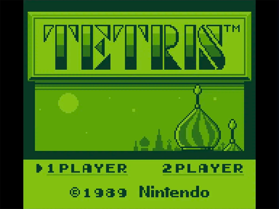 Schermata iniziale di Tetris per Game Boy con il logo del gioco e le opzioni per uno o due giocatori