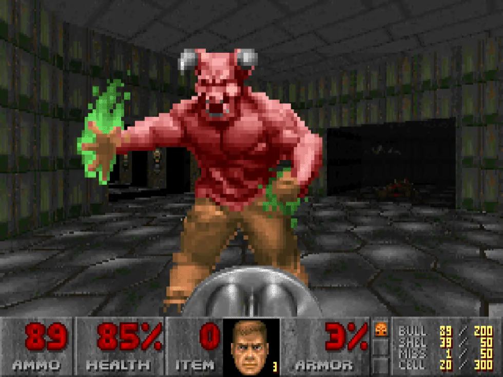 Screenshot di Doom su MS-DOS con demone in primo piano.