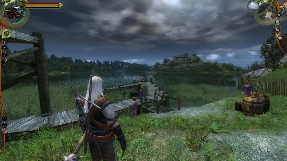 Geralt osserva un villaggio e un castello in lontananza nel primo The Witcher del 2007. Didascalia
