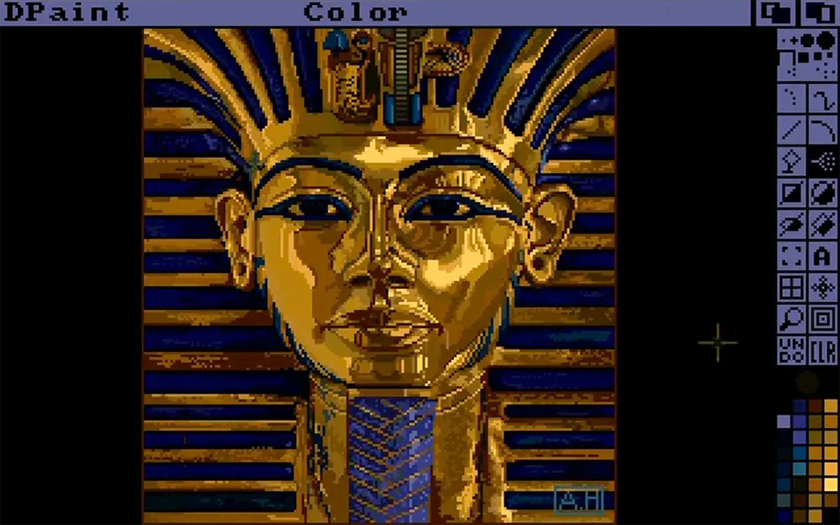 Screenshot di Deluxe Paint su Amiga con disegno del faraone.