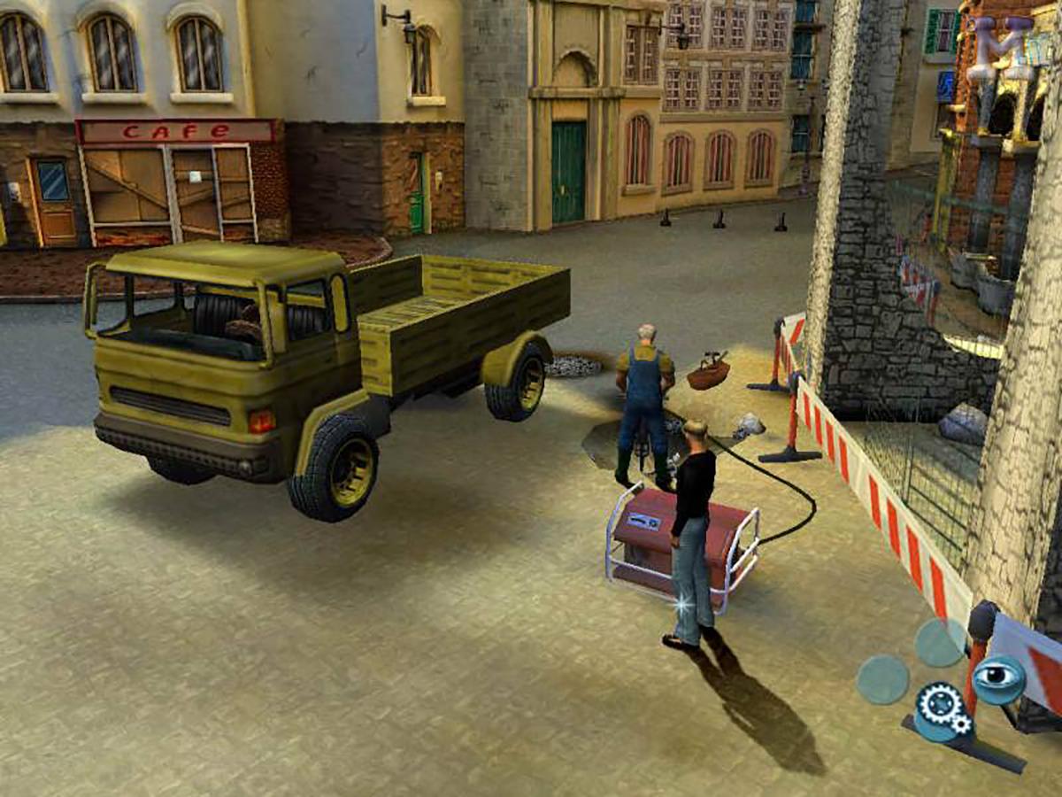 Scena tridimensionale di Broken Sword: The Sleeping Dragon ambientata in un cantiere